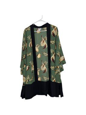 LuLaRoe Womens Floral Print Kimono Cardigan Green/Black Trim Size L Open Front